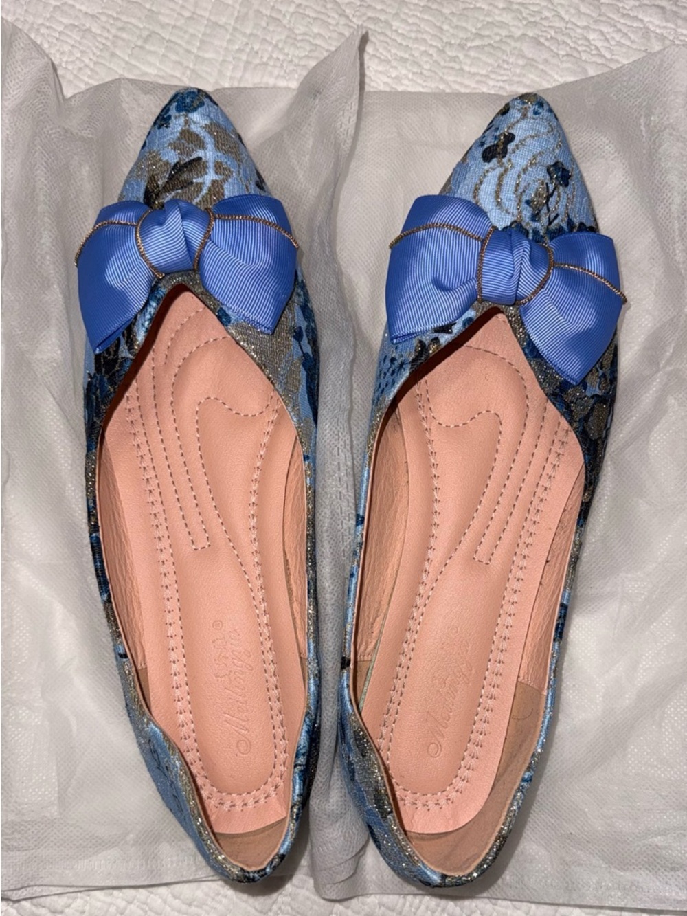 SHEIN Blue Floral Pointed Toe Bow Flats
